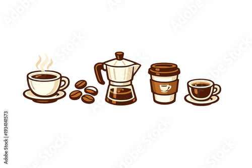 A minimalist vector illustration featuring a steaming cup of coffee, roasted beans, a moka pot, a takeaway cup, and an espresso cup arranged in a row on a black background.