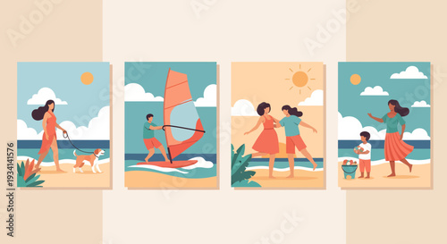 A joyful family enjoying a day at the beach with sailing and playful activities in a scenic illustration
