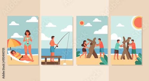 A serene beach scene showing people relaxing, fishing, and playing together by the ocean, captured from a distance with a clear blue sky and sunny weather