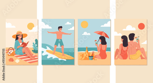 Summer vacation scene with people enjoying beach activities like surfing and sunbathing together at the seaside from a distant viewpoint.
