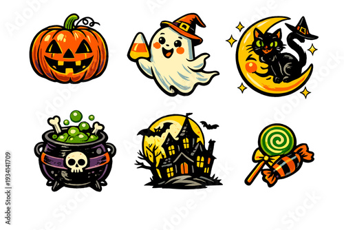 A collection of six colorful Halloween stickers featuring a pumpkin, a ghost, a black cat on a moon, a bubbling cauldron, a haunted house, and candy on a black background.