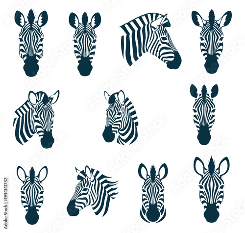 Collection of various zebra head silhouettes on white background