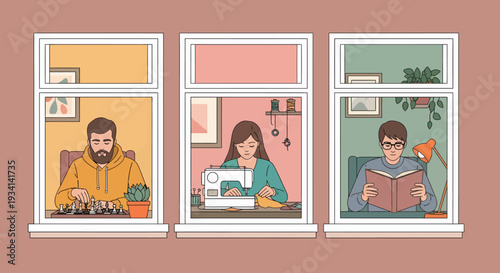 Three people engaging in different hobbies through their windows, showcasing leisure activities in a relaxed home environment from an outside viewpoint