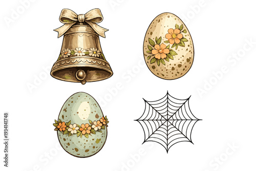 A collection of vintage-style illustrations featuring a decorative bell with a bow, two speckled eggs adorned with flowers, and a white spider web on a black background.