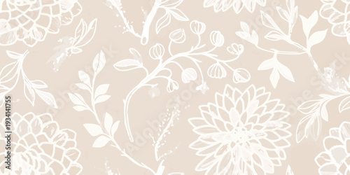 Delicate floral pattern with sketched botanical elements in neutral tones