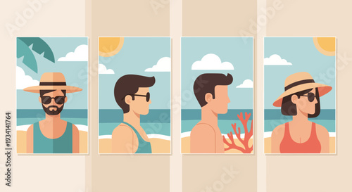 Illustration of four individuals enjoying a serene beach atmosphere together under a sunny sky with a tranquil ocean view