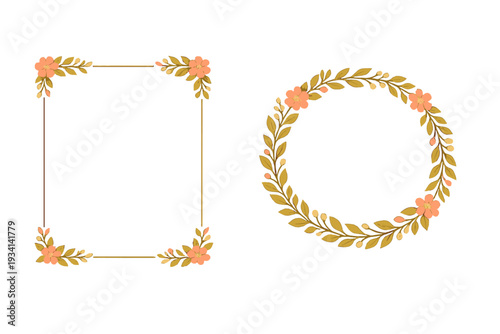 A set of two elegant floral frames featuring peach flowers and olive green leaves on a black background. One frame is rectangular with ornate corners and the other is a circular wreath.