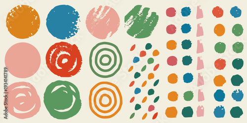 Abstract arrangement of colorful textured circular and linear brushstrokes