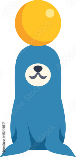 Seal character performing a balancing act with a yellow ball