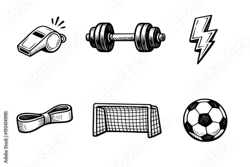 A collection of six hand-drawn sports icons including a whistle, dumbbell, lightning bolt, headband, soccer goal, and soccer ball, presented in a white sketch style on a black background.