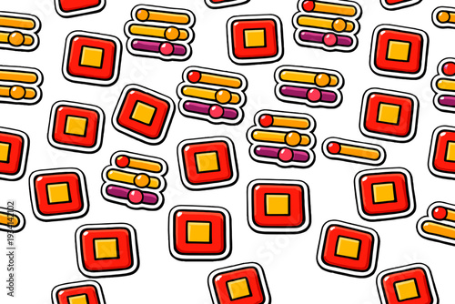 A repetitive pattern of colorful cartoon icons featuring red squares with yellow centers and horizontal sliders in orange and purple, all set against a solid black background.