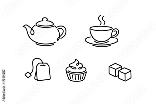 A collection of minimalist line art icons featuring a teapot, a steaming cup of tea on a saucer, a tea bag, a cupcake with frosting, and two sugar cubes on a dark background.