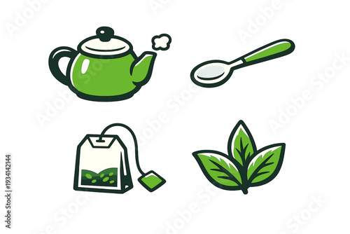 A collection of four green tea icons including a teapot, a spoon, a tea bag, and fresh tea leaves. The flat illustration style features bold outlines on a solid black background.