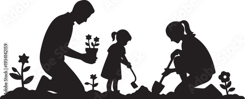 Black silhouette of family planting flowers gardening