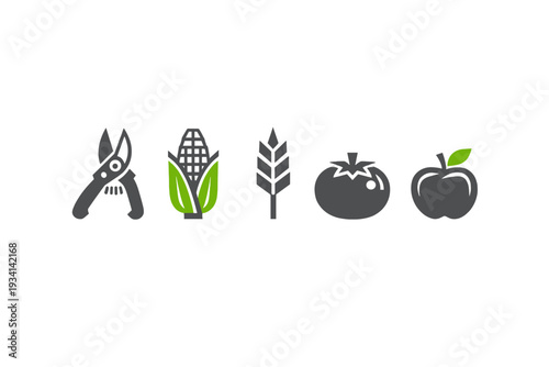 Five minimalist farming icons featuring garden shears, a corn cob, a wheat stalk, a tomato, and an apple with green accents, arranged horizontally on a black backdrop.