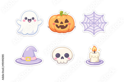 A collection of six cute Halloween stickers featuring a smiling ghost, a pumpkin, a purple spiderweb, a witch hat, a skull, and a lit candle on a black background.