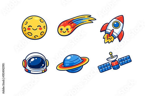 A collection of six cute cartoon space icons featuring a smiling moon, a comet, a rocket ship, an astronaut helmet, a ringed planet, and a satellite on a black background.