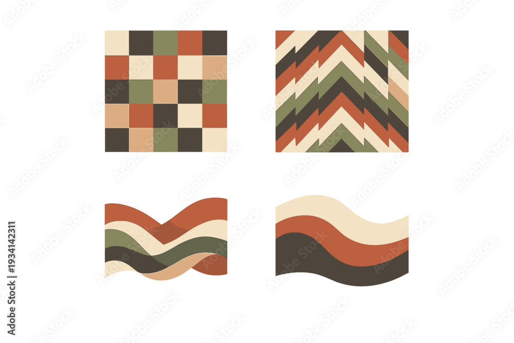 Fototapeta premium A collection of four retro geometric patterns featuring checkerboard, chevron, and wavy designs in a palette of terracotta, olive green, charcoal, and cream on a black background.