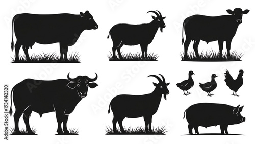 Farm Animals Silhouettes Collection - Cow, Goat, Duck, Pig, Bull, Chicken