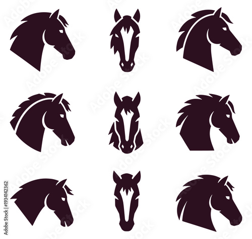 Horse head silhouettes in different angles and positions