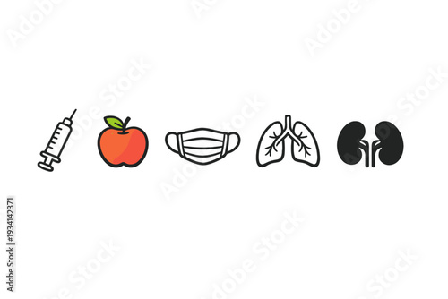 A collection of health and medical icons including a syringe, a red apple, a face mask, human lungs, and kidneys arranged in a horizontal row on a solid black background.