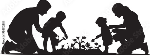 Black silhouette of family planting flowers gardening