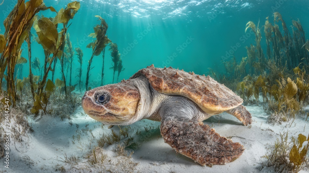 Obraz premium Graceful sea turtle glides through sunlit ocean waters amidst marine flora