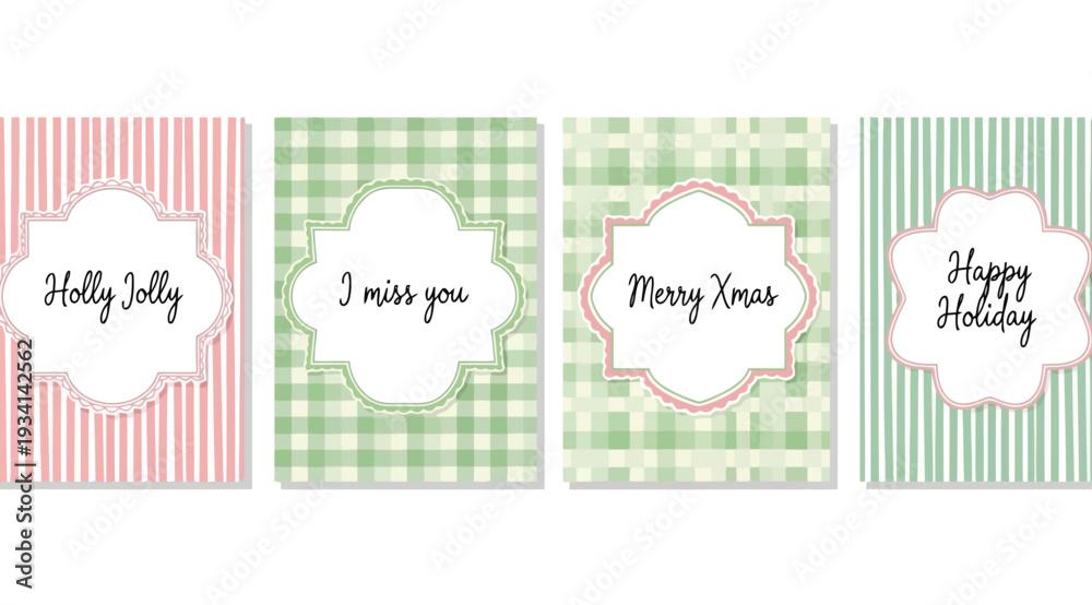 Fototapeta premium Four christmas greeting cards with different patterns and text on white background