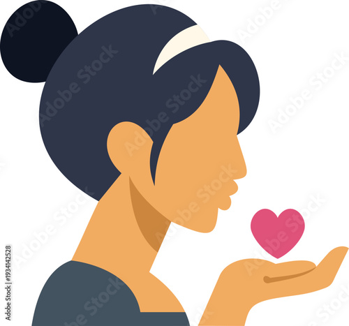 Young woman blowing a kiss while sending a floating heart from her open hand