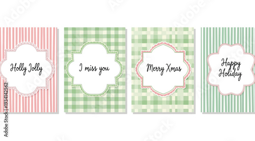 Four christmas greeting cards with different patterns and text on white background
