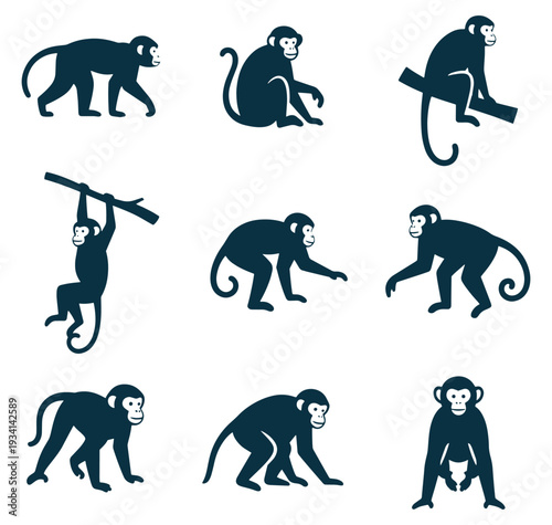 Monkey silhouettes in various poses and movements on white background