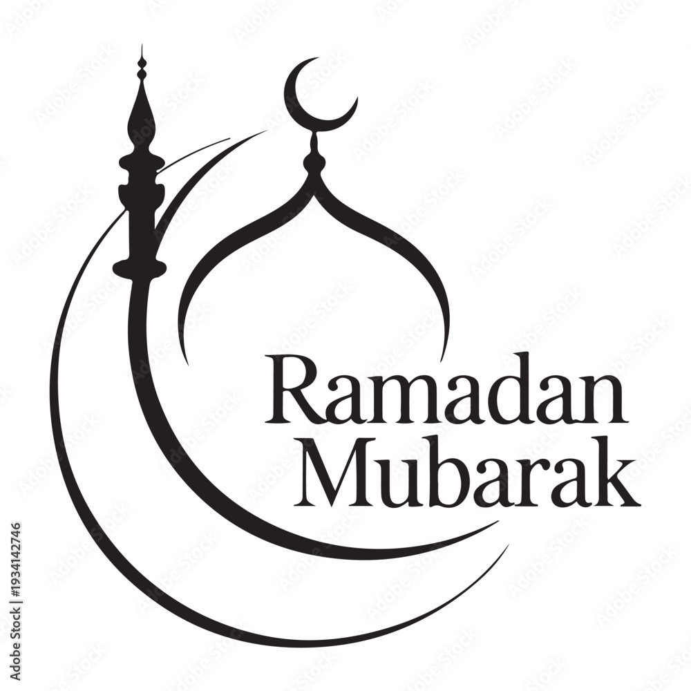 Obraz premium Elegant Ramadan Mubarak mosque silhouette with crescent moon Islamic calligraphy design