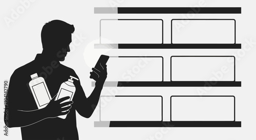 A silhouette of a man shopping for products in a store with his phone