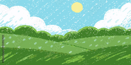 A whimsical landscape with a bright sun fluffy clouds and rolling hills