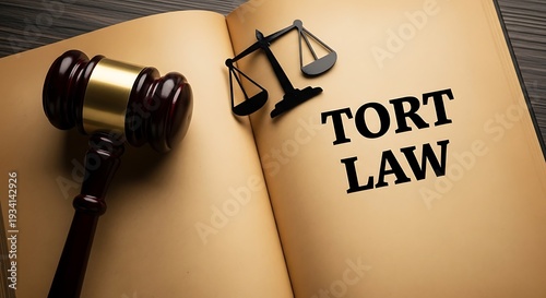 Tort law concept with judge gavel and scales of justice on open law book page, legal liability and civil litigation theme featuring balance scale, courthouse, court with negligence and personal