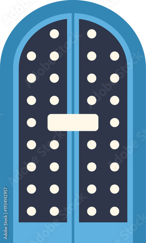 Ornate blue double doors with an arched frame and studs