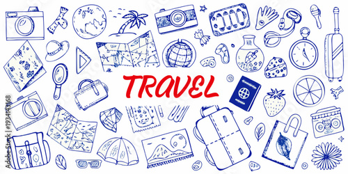 A colorful doodle collection featuring travel themed items and accessories