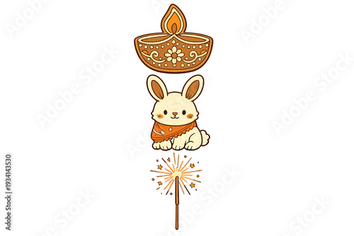A cute cartoon illustration featuring a decorated diya lamp, a white bunny wearing an orange scarf, and a glowing sparkler arranged vertically on a solid black background.