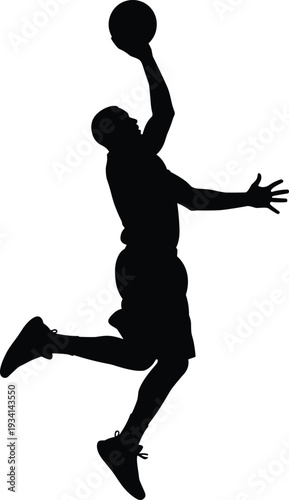 Full body black silhouette of a basketball player jumping for a slam dunk, isolated on white background, professional sports action, SEO.