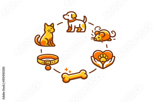A circular arrangement of pet-themed icons including a dog, cat, mouse, collar, bone, and a heart with a paw print. The icons are styled in warm orange and gold tones on a black background.