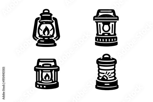 A collection of four minimalist line art icons depicting various styles of lanterns and camping lights. The designs feature clean white outlines on a solid black background.