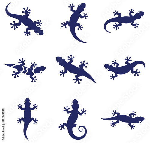 Silhouettes of various lizards in different poses on white background
