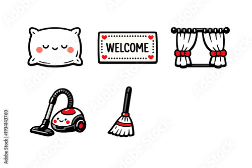 A collection of cute home and cleaning icons featuring a smiling pillow, a welcome mat with hearts, white curtains with red bows, a happy vacuum cleaner, and a simple broom.