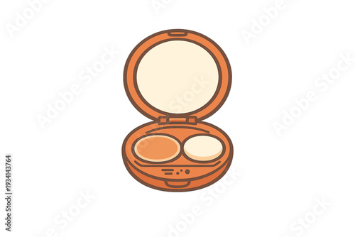 This vector illustration shows an open orange makeup compact with a circular mirror, a beige powder pan, and a white sponge applicator, isolated on a black background.