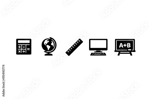 Minimalist white icons on a black background depicting a workflow from a calculator and human brain to a computer monitor and a digital tablet showing A plus B.