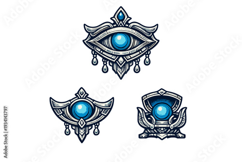 A set of three stylized fantasy emblems with glowing blue spheres and ornate silver frames. These mystical eye-like symbols are presented against a solid black background.