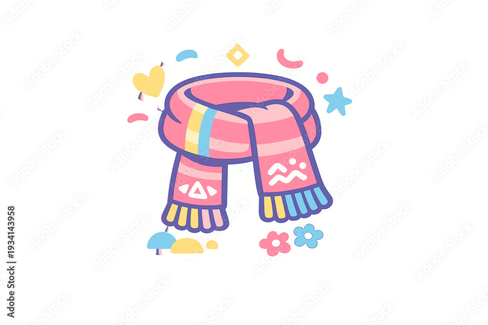 Fototapeta premium A vibrant cartoon scarf illustration featuring pastel stripes and geometric patterns, surrounded by decorative hearts, stars, and flowers on a dark background.