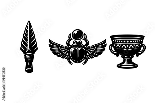 A collection of three white minimalist icons on a black background including a flint spearhead, a winged Egyptian scarab beetle with a sun disk, and an ornate ceremonial chalice artifact.