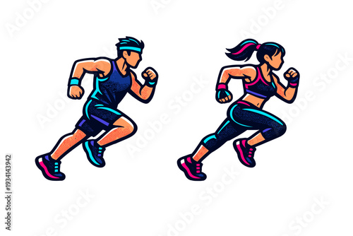 Vibrant illustration of a male and female athlete jogging in a dynamic pose. The figures are rendered in a modern graphic style with bold colors and outlines on a black backdrop.
