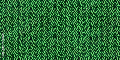 A vibrant repeating pattern of stylized green leaf like shapes